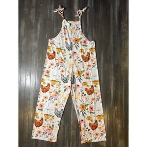 Floral Chicken Print Wide Leg Jumpsuit Womens Sleeveless Tie Strap Romper Cream